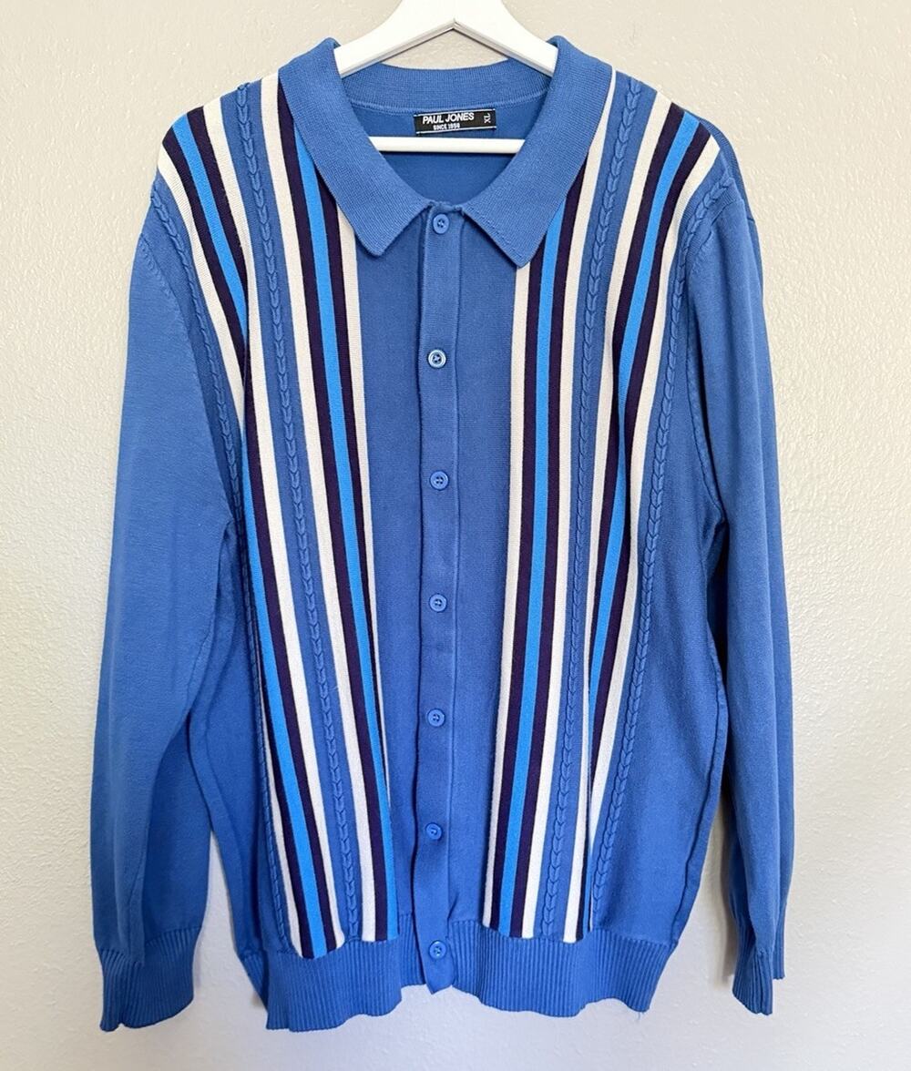 PJ Paul Jones Retro Knit Polo Cardigan XL Blue Striped Coastal Preppy